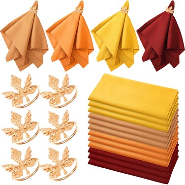 18 Pcs Fall Thanksgiving Cloth Napkins and Napkin Ring Holders 19 x 19 Fall Cloth Napkin Turkey Maple Leaf Pumpkin Napkin Ring Fabric Table Dinner Napkins Reusable for Thanksgiving (Maple)