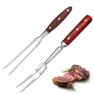 Patelai 2 Pcs Carving Fork Meat Fork 12 in and 14 in Stainless Steel Serving Forks with Wooden Handle for Kitchen Large Cooking Forged Forks Set New Year Grilling Beef Forks for Roast BBQ