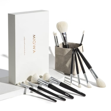 12 Pieces Premium Goat Hair Makeup Brush Set Nature Hair Bristles for Flawless Powder Application Durable Copper Ferrules Includes Eco-Friendly Kraft Paper Storage Case and Elegant Gift Box