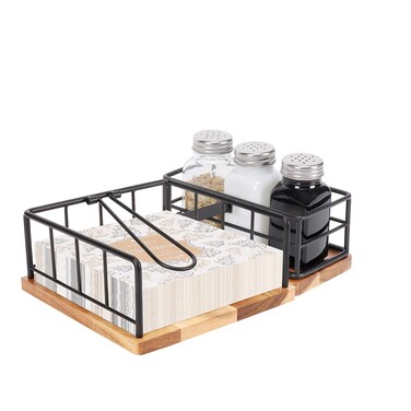 Livabber Flat Napkin Holder, Metal Kitchen Napkin Holder with Weighted Tension Arm and Seasoning Storage for Countertop, Table Kitchen, Dining Room (with Wooden Base, Black Napkin Holder Set)
