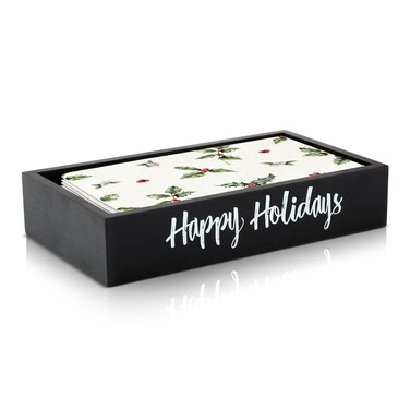 Suttmin Guest Towel Holder 9.8 x 5.5 x 2 Inch Black Wooden Napkin Holder Bathroom Napkin Tray Wood Hand Towel Tray for Kitchen Toilet Table Countertop Christmas Thanksgiving Decor(Happy Holidays)