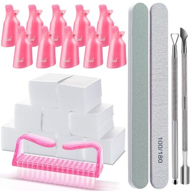 Gel Nail Polish Remover Tools Kit, with 10 Pcs Nail Clips, 400 Pcs Lint Free Nail Wipes, Nail Files 100/180, Buffer Block 400/4000, Nail Brush, Cuticle Pusher, Cuticle Peeler (Pink)