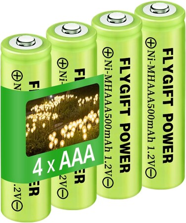 FlyGift Rechargeable AAA Batteries 500mAh, 1.2V Ni-MH Triple A High Capacity Precharged Solar Batteries for Garden Lights, Pathway Lights, Landscape Outdoor Solar Lights, Pack of 4 Pack