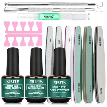 XIFEPFR Gel Nail Polish Remover Kit, 2 Pack Gel Polish Remover with Liquid Latex, Nail Buffer and File, Cuticle Tool, Magic Gel Remover, 2-5Mins Remove Gel Polish, No Soaking Wrapping, Gifts for Women