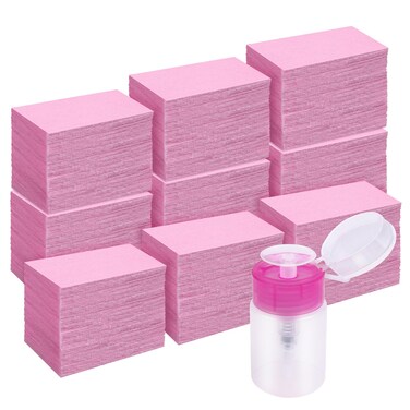 1000 Pcs Gel Nail Polish Remover, Lint Free Nail Wipes Cotton Pad with a Pump Dispenser Bottle Disposable Nail Polish Remover for Soak Off UV Gel Polish Clean Acrylic Nails Remover,Pink