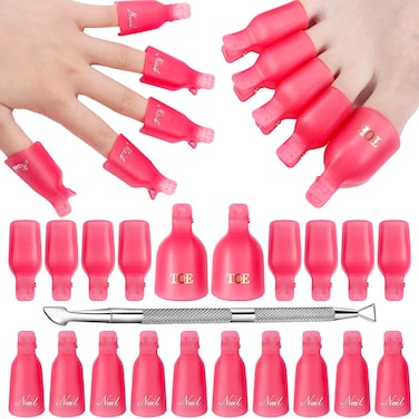 Makartt Nail Polish Remover Kit 20 Pcs, Soak Off Cap Clips, with Double-Ended Cuticle Pusher, UV Gel Polish Removal Tools for Fingers and Toes, Reusable, Rose