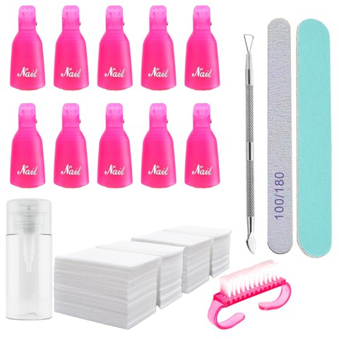 Ponjowl Gel Nail Polish Remover Kit with 10pcs Pink Nail Polish Remover Clips Cap, Dispenser Bottle,Gel Polish Cuticle Pusher, 400 PCS Cotton Pads, Handle Brushes, Nail File, Buffer Block.