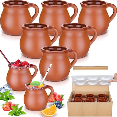 Gejoy Pack of 6 12 oz mexican clay mugs Cantaritos De Barro Clay Cups Artisan Made Coffee Mugs, Cocktail Glasses and Tea Cups for Tequila, Margaritas, Mojitos Cold Hot Drinks (Brick Red)