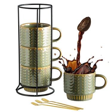 Miamolo Coffee Mugs Set of 4 with Spoons &amp; Rack, Stackable Espresso Cups 13oz Coffee Mug for Drinks Latte Cappuccino Tea, Turkish Coffee Cup for Housewarming Wedding Gift, Dishwasher Safe