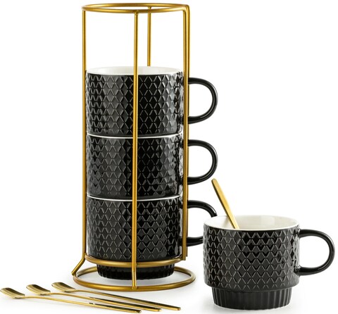 LYEOBOH Stackable Coffee Mugs Set of 4 with Rack &amp; Spoons Coffee Mug Set 13 OZ., Ceramic Embossed Grinding Demitasse Cups Set Cappuccino Cup Halloween for Coffee, Latte, Macchiato, Espresso, Black