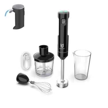 Cordless Hand Blender, UTALENT Variable Speed Immersion Blender Rechargeable, with 500ml Chopper, 600ml container, Egg Whisk, for Smoothies, Baby Food and Soups &ndash; Black