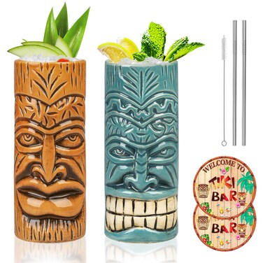 SuproBarware TIKI Mug Set - Set of 2 Ceramic TIKI Mug 15oz/440ml Tropical Style Cocktail Glass Set for Cocktail Lover (Orange&amp;Blue)
