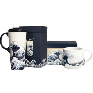 Voltogar Ceramic Mug Travel Coffee Wave Cup with Lid and Handle for Home &amp; Office, Porcelain Tall Tea Art Cup with Color Box, Wave Mugs Set of 2