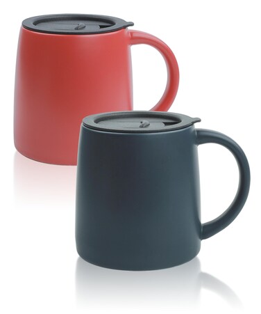 LINVIA Classic Mug, 14 oz Large Coffee Mug with Handle, Ceramic Porcelain Tea Cup, Smooth Matte (Sliding Lid, Set of 2, Red and Navy Blue)