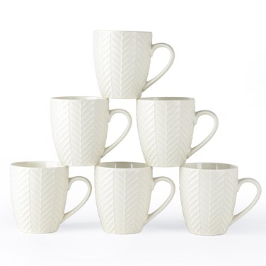AmorArc 15oz Ceramic Coffee Mugs Set of 6, Large Stoneware Coffee Cups for Men Women Dad Mom, Dishwasher&amp;Microwave Safe Mugs with Textured Patterns for Latte/Cappuccino/Cocoa, Matte Beige