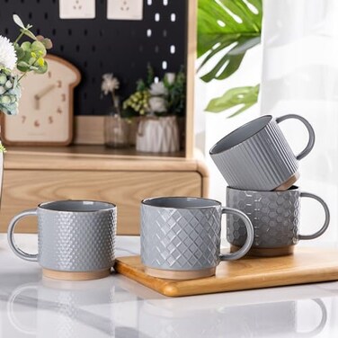 GBHOME 15OZ Stackable Coffee Mugs, Ceramic Coffee Mugs with Texture Patterns for Man,Woman,Dad,Mom, Modern Coffee Mugs Set of 4 for Latte/Cappuccino/Cocoa. Dishwasher&amp;Microwave Safe, Gray