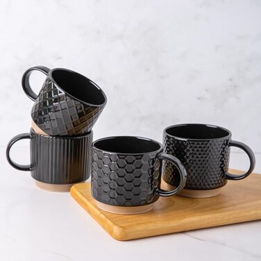GBHOME 12OZ Stackable Coffee Mugs, Ceramic Coffee Mugs with Texture Patterns for Man,Woman,Dad,Mom, Modern Coffee Mugs Set of 4 for Latte/Cappuccino/Cocoa. Dishwasher&amp;Microwave Safe, Black