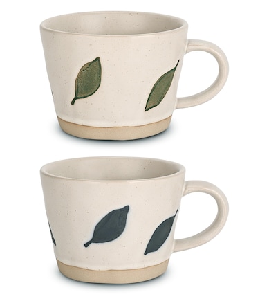 LINVIA Leaf Mug, 11 oz Ceramic Coffee Cup for Tea Latte Cappuccino, Cute Unique Stoneware Teacup with Handle (Set of 2, Blue and Green)
