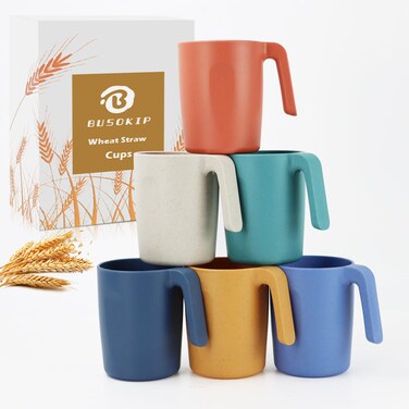 BUSOKIP Wheat Straw Cups with Handle 16 oz Set of 6, Plastic Mugs With Handle Unbreakable Kids Mugs, Dishwasher Safe Drinking Cup for Tea, Coffee, Camping &amp; Kitchen (Multicolor)