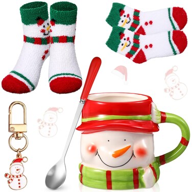 Sliner 4 Pcs Christmas Penguin Gifts Set Include Penguin Coffee Mugs 17 oz with Red Spoons Winter Penguin Fuzzy Socks Mini Christmas Keychains Thank You Gift Birthday Xmas Gifts for Women Men