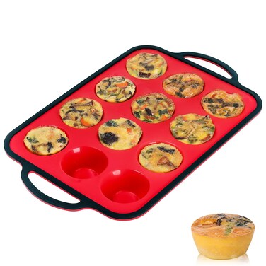 CAKETIME Silicone Muffin Pan, Metal Reinforced Frame Larger than Mini Cupcake Pan Easy to Handle 12 Cups Nonstick Small Silicone Muffin Tray for Baking Homemade Muffins, Cupcakes, Egg Bites