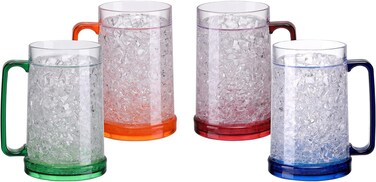 Doytn Double Wall Gel Frosty Freezer Ice Mugs Clear 16oz Set of 4 (Blue, Red, Orange and Green)