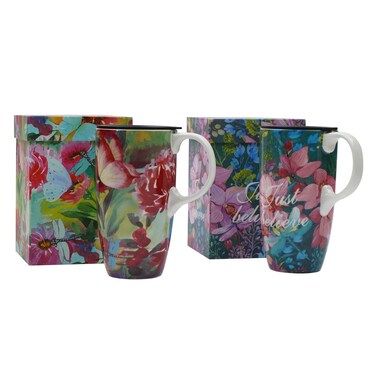 DUSVALLY Set of 2 Ceramic Travel Mug with Handle and Splash-Resistant Slider Lid, Suitable for Coffee and Tea, Microwave &amp; Dishwasher Safe, Pink+Green Flower Mug