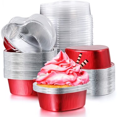 100 Sets Heart Shaped Cake Pans with Lids, 100 ml/ 3.4 ounces, Aluminum Heart Cupcake Pans Disposable Mini Cupcake Cup Flan Baking Cups Pan with Lid for Valentine Mother's Day Wedding (Red)
