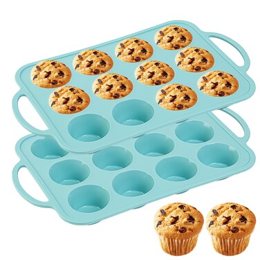 zmkele 2pack Silicone Muffin Pan 12 Cups Muffin Baking Mold With Reinforced Stainless Steel Frame Inside,BPA Free,Non-stick Bakeware Silicone Muffin Tray, Dishwasher Safe (blue)