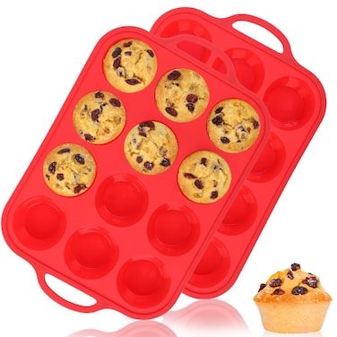 CAKETIME Silicone Muffin Pan, Metal Reinforced Frame Silicone Cupcake Pan Regular Size 12 Cups Nonstick Muffin Tins for Baking Easy to Move 2 Pack Red