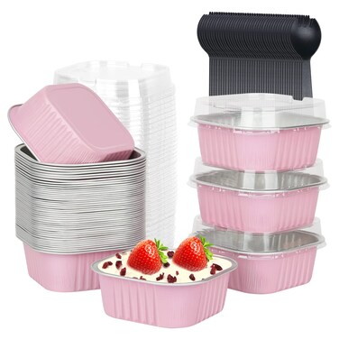 LNYZQUS 5oz Square Cupcake Pan With Lids 40 Pack, Aluminum Foil Muffin Pan Cupcake Cups,Disposable Ramekins Mini Cake Brownie Baking Pans Jumbo Cupcake Liners Muffin Tin-Pink