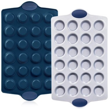BRONYPRO Ceramic Mini Muffin Pan, 24-Cup Nonstick Aluminized Steel Mini Cupcake Pans, Healthy Non-Toxic Ceramic Coating Muffin Tin, 2 Pack Cup Cake Pans for Baking Blue