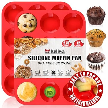 keliwa 12 Cup Silicone Muffin Pan,12 Cups Regular Silicone Cupcake Pan/Non-stick Silicone Great for Making Muffin Cakes, Tart - 2 PCS