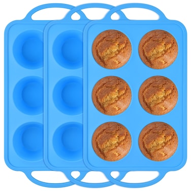 3 PCS Silicone Cupcake Pan, 6 Cups Silicone Muffin Pans For Baking Non Stick Silicone Muffin Tray With Metal Frame Muffin Tin For Egg Bite, Cornbread, Tart, Brownies, BPA Free &amp; Dishwasher Safe