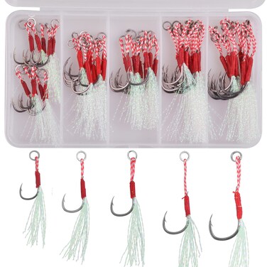 Fishing Assist Hooks Kit 50pcs Small Size Jig Jigging Hooks Assist Rigs Carbon Steel Circle Hooks Fishing Jigging Lures Hooks