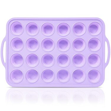 Vnray Mini Silicone Muffin Pan with Metal Frame, Non Stick Silicone Cupcake Pan with Handles 24 Cup, BPA Free Silicon Muffin Tin Tray Small for baking, egg bites, Cupcake Mold Purple