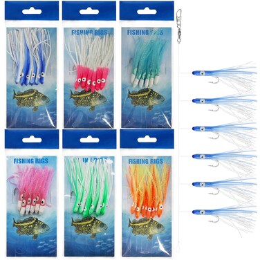 Fishing Bait Rigs Saltwater Set,6 Packs Surf Fishing Rigs with Glow Soft Squid Skirt Fishing Hook Swivel Snap Fishing Lure Bait Rigs Octopus Lure Rig for Freshwater Saltwater