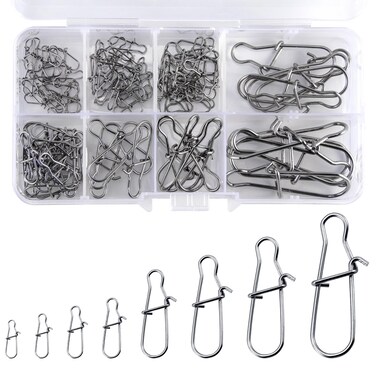 Alownder 100-Pack Fishing Snaps Duo Lock Snaps Kit, 37-183LB Stainless Steel Lure Snap Speed Quick Change Clips, 1-8# High Strength Fast Snap Swivels Hooks Lures Connector Set Freshwater Saltwater