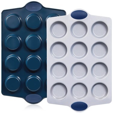 BRONYPRO Ceramic Muffin Pan, 12-Cup Nonstick Aluminized Steel Cupcake Pans, Healthy Non-Toxic Ceramic Coating Muffin tin, 2 Pack Cup Cake Pans for Baking Blue
