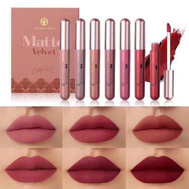YOUNG VISION 6-Pc Matte Nude Liquid Lipstick Set - Long-Lasting &amp; Pigmented Shades, Lip Gloss Bundle Gift Collection for Girls/Women