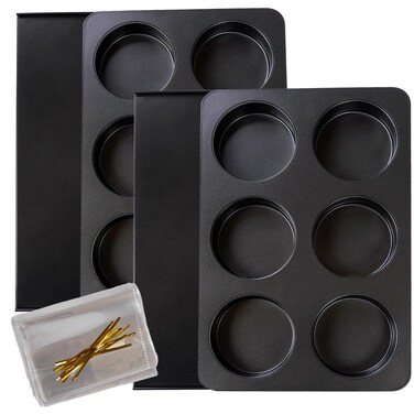 Elesinsoz 2 Pcs Muffin Top Pan with Lid, 3.6 Inch Non-Stick 6 Cup Straight Cupcake Pan Muffin Pans Come with 10pcs Bread Bags with Ties, Hamburger Bun Pan for Home/Kitchen Baking