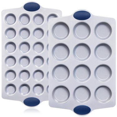 BRONYPRO Ceramic Muffin Pan, 12-Cup and 24-Cup Nonstick Aluminized Steel Mini Cupcake Pans, Healthy Non-Toxic Ceramic Coating Muffin Tin, 2 Pack Cup Cake Pans for Baking Blue