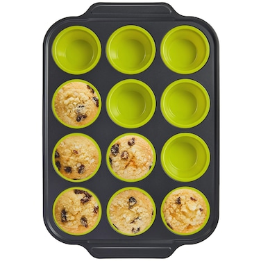 BRONYPRO Silicone Muffin Pan with Metal Frame, Egg Bite Maker Silicone Molds for Baking, Cupcake Pans 12 Regular Size, Muffin Tins Easy to Pop Nonstick Non Toxic Bakeware for Oven, Yellow-green