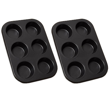 2Pcs Non-Stick 6-Cup Muffin Pan for Baking, Carbon Steel Cupcake Baking Tray, Stackable Cupcake Molds, Dishwasher Safe - 10.4 x 7.3 x 1.1 Inches (Black)