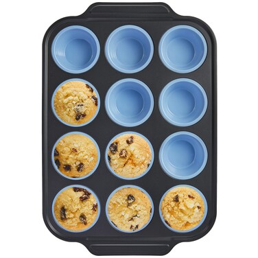 BRONYPRO Silicone Muffin Pan with Metal Frame, Egg Bite Molds for Baking, Cupcake Pans 12 Regular Size, Muffin Tins Easy to Pop Nonstick Non Toxic Bakeware for Oven,Blue