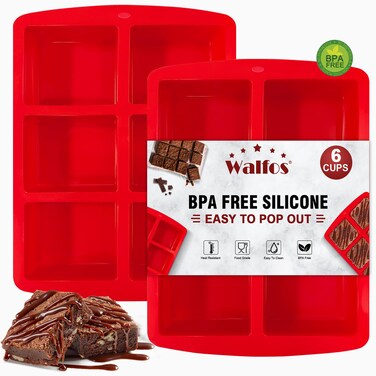 Walfos Mini Silicone Brownie Pan - 2 Piece 6-Cavity Non-stick Square Baking Pan, Perfect for Mini Brownies, Cornbread, Muffin and Cakes, BPA Free and Dishwasher Safe