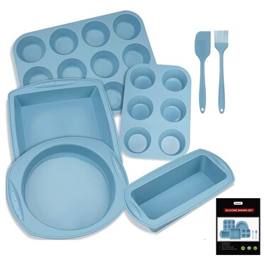 Hansanti 7in1 Silicone Bakeware Baking Set, Kitchen Bake Pans Molds Tray for Oven with BPA Free Round/Square Cake Pan, Loaf Pan, Muffin Pan for Bread Pizza Cheesecake Cupcake Pie Desserts