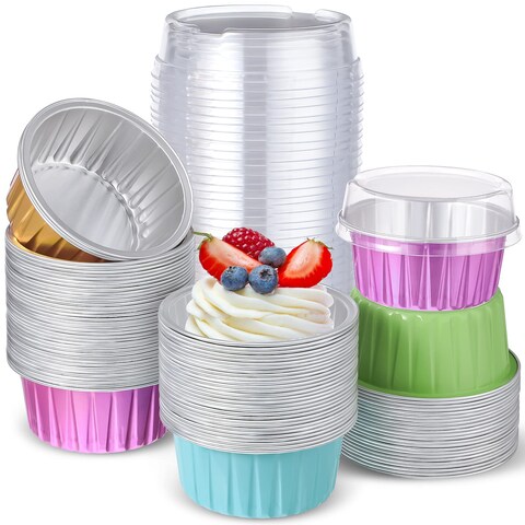 200 Pcs Aluminum Foil Cupcake Baking Cups 4.2 oz Disposable Ramekins Cupcake Liners Dessert Cups with Lids Mini Cake Pans Holders Mini Cheesecake Container for Valentine&#39;s Day Party (Vivid Colors)