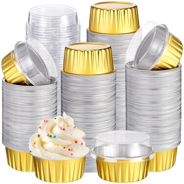 Gejoy 400 Pcs Aluminum Foil Baking Cups 5 oz Disposable Ramekins with Lids Mini Cupcake Liners Creme Brulee Muffin Pans Mold Dessert Tin Container for Christmas Wedding Birthday Party(Gold)