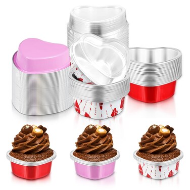 Cunhill 30 Sets Heart Shaped Cake Pans with Lids, 3.4 Ounces/ 100 Ml, Mini Cheesecake Pans Aluminum Foil Mini Disposable Heart Cupcake Pans for Valentine's Day Wedding Parties (Red,Pink,White)